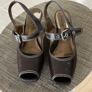 Brown platform buckle shoes. Open toe